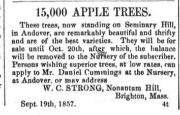 black and white newspaper advertisement for nursery of apple trees from 1857