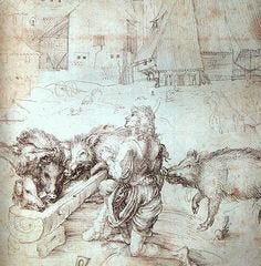Albrecht Dürer 1471 – 1528  The Prodigal Son among the Pigs (prep.) pen drawing (217 × 219 mm) — 1497 Museum British Museum, London