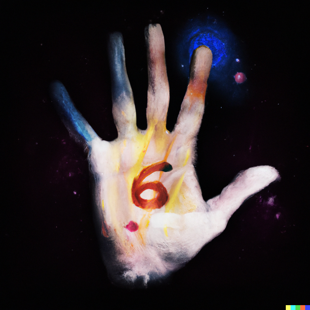 DALL·E 2022-10-17 17.52.39 - spitpainting of left hand, large number 6 written on the palm, dark background with stars.png