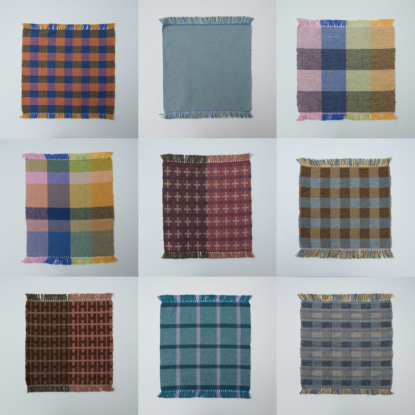 A grid of 9 samples, in three rows and columns, of textile samples