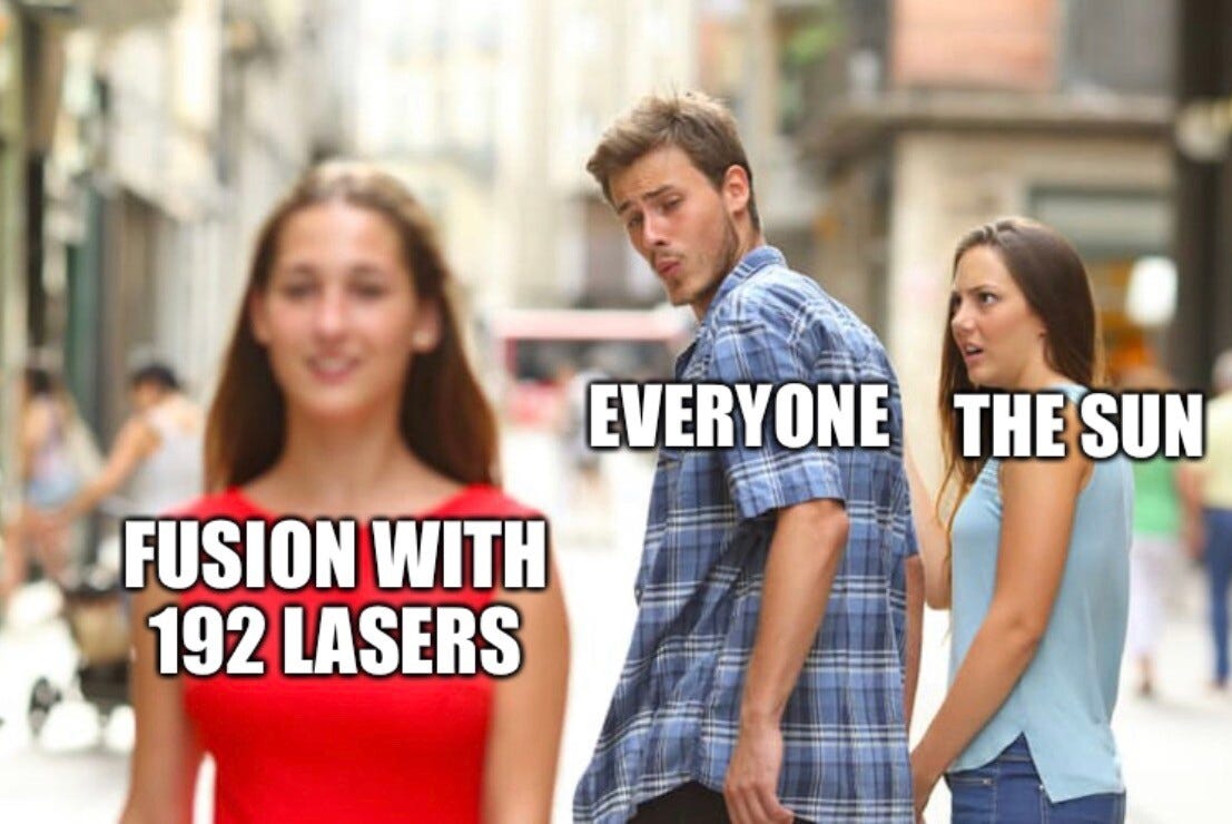 Distracted boyfriend meme, with the boyfriend ignoring the Sun and ogling fusion with 192 lasers 