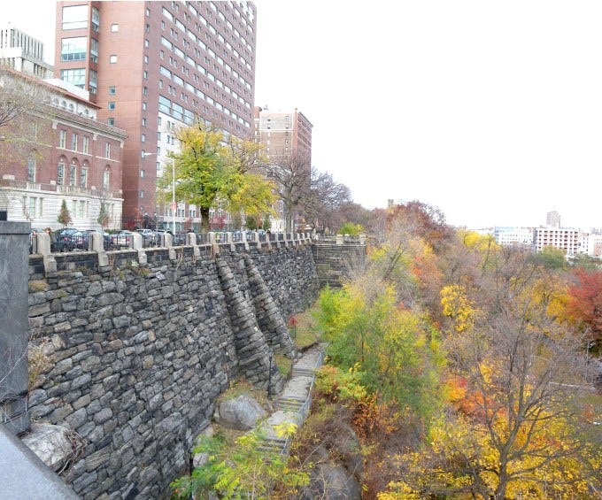 The edge of Columbia University's campus and Morningside Park in New York City.