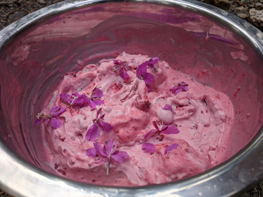a bowl of pink ice cream with the above ingredients