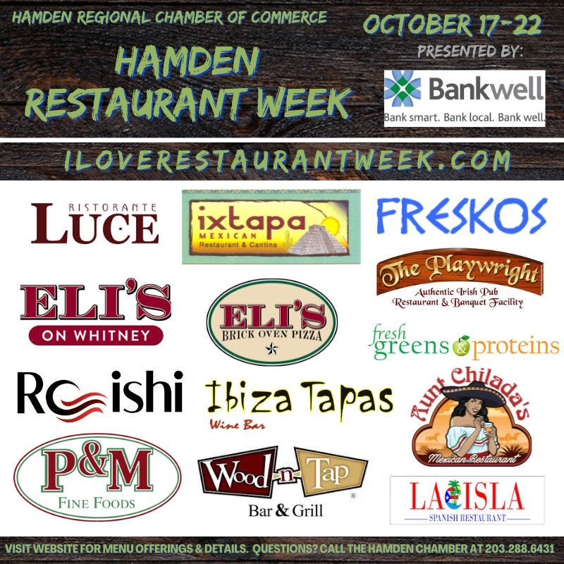 May be an image of text that says 'OCTOBER 17-22 PRESENTED BY: Bankwell Bank smart. Bank local. Bank well. ixtapa Cantina HAMDEN REGIONAL CHAMBER OF COMMERCE HAMDEN RESTAURANT WEEK ILOVERESTAURANTWEEK.CO LUCE RISTORANTE FRESKOS The Playwright Trish Pub Authentic Restaurant Banquet Facility fgréens proteins RC ishi İbiza Tapas chilada Wine Bur P&M FINE FOODS ELI'S ON WHITNEY ELI'S BRICK OVEN PIZZA * Wood-Tap ap Bar & Grill Mexican.hestaurant LACISLA SPANISH RESTAURANT RESTAL SITWEBSTEFRMENUOFFRNGS&DETALS QUESTIONS? CALL THE HAMDEN CHAMBER AT 6431'