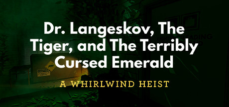 Fundo escuro mostrando uma parede branca com adesivos e o texto Dr. Langeskov, The Tiger, and The Terribly Cursed Emerald: A Whirlwind Heist em branco e amarelo.