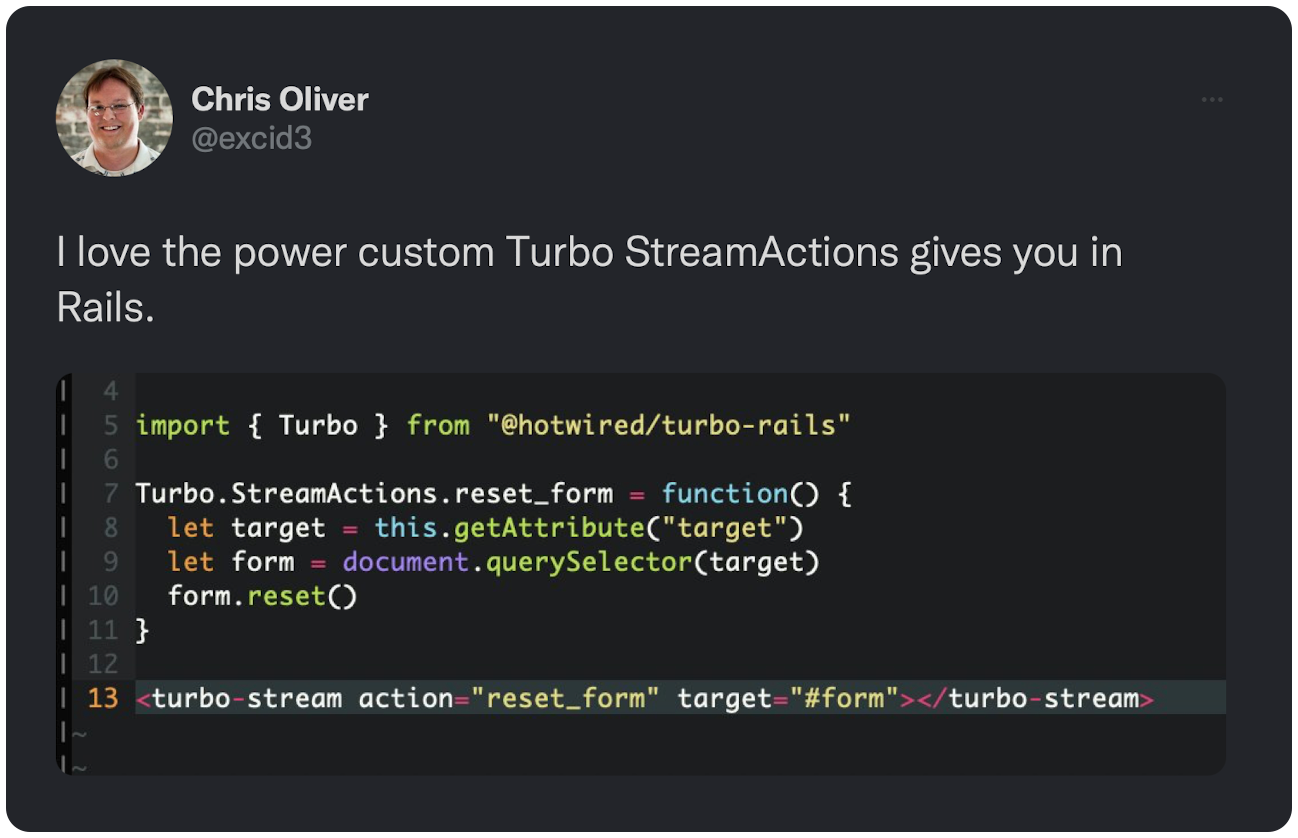 I love the power custom Turbo StreamActions gives you in Rails.