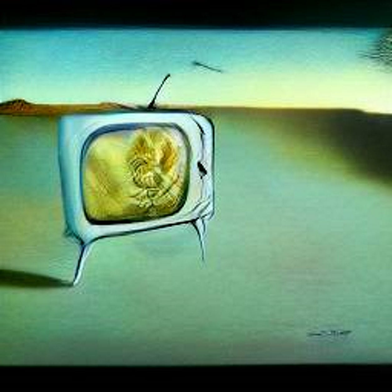 A television on a desert plain melting in the style of Salvador Dali.