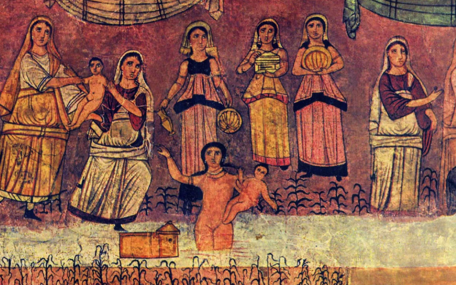 Fresco of women, with a naked Pharaoh's daughter holding a naked baby Moses in the river in the center