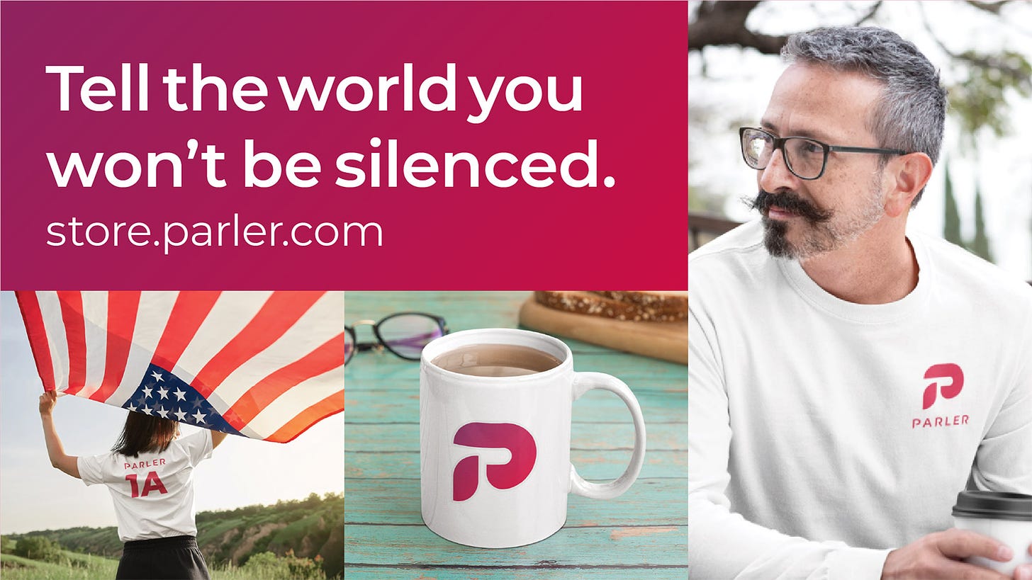 Tell the world you won't be silenced. An array of Parler apparel and coffee mug.