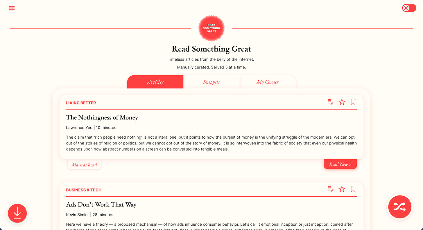 Read Something Great Bubble.io landing page