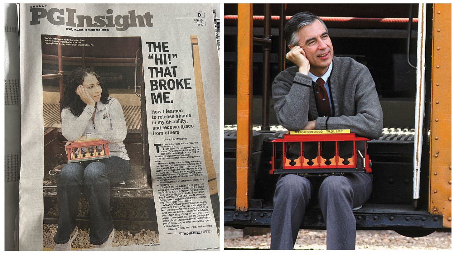 A photo of the Post-Gazette featuring Virginia Montanez holding a trolley while sitting on trolley stairs, next to a photo of Fred Rogers doing the same.