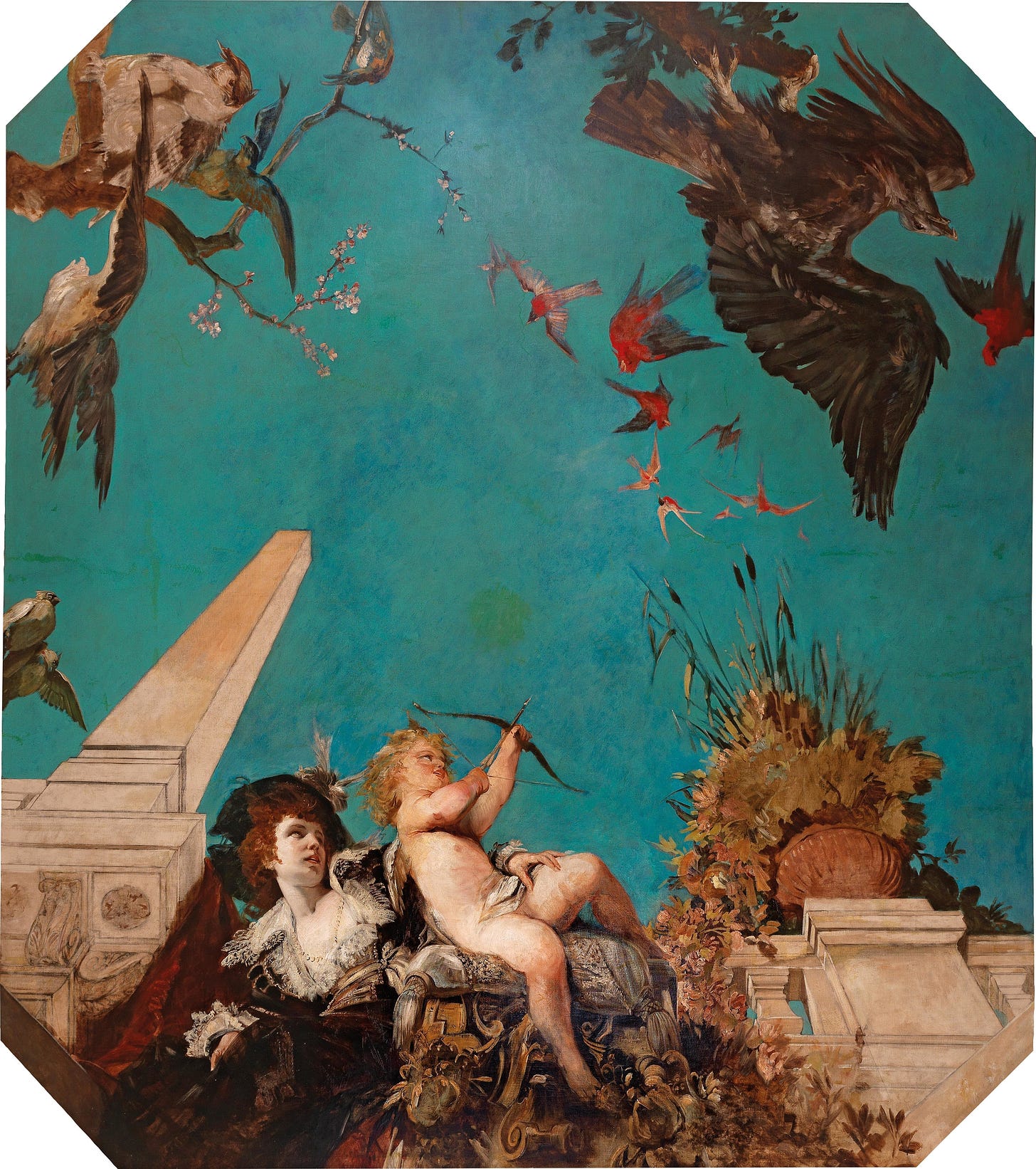 A Ceiling Painting, Society Lady With Cupid In A Garden Landscape (C. 1877) by Hans Makart