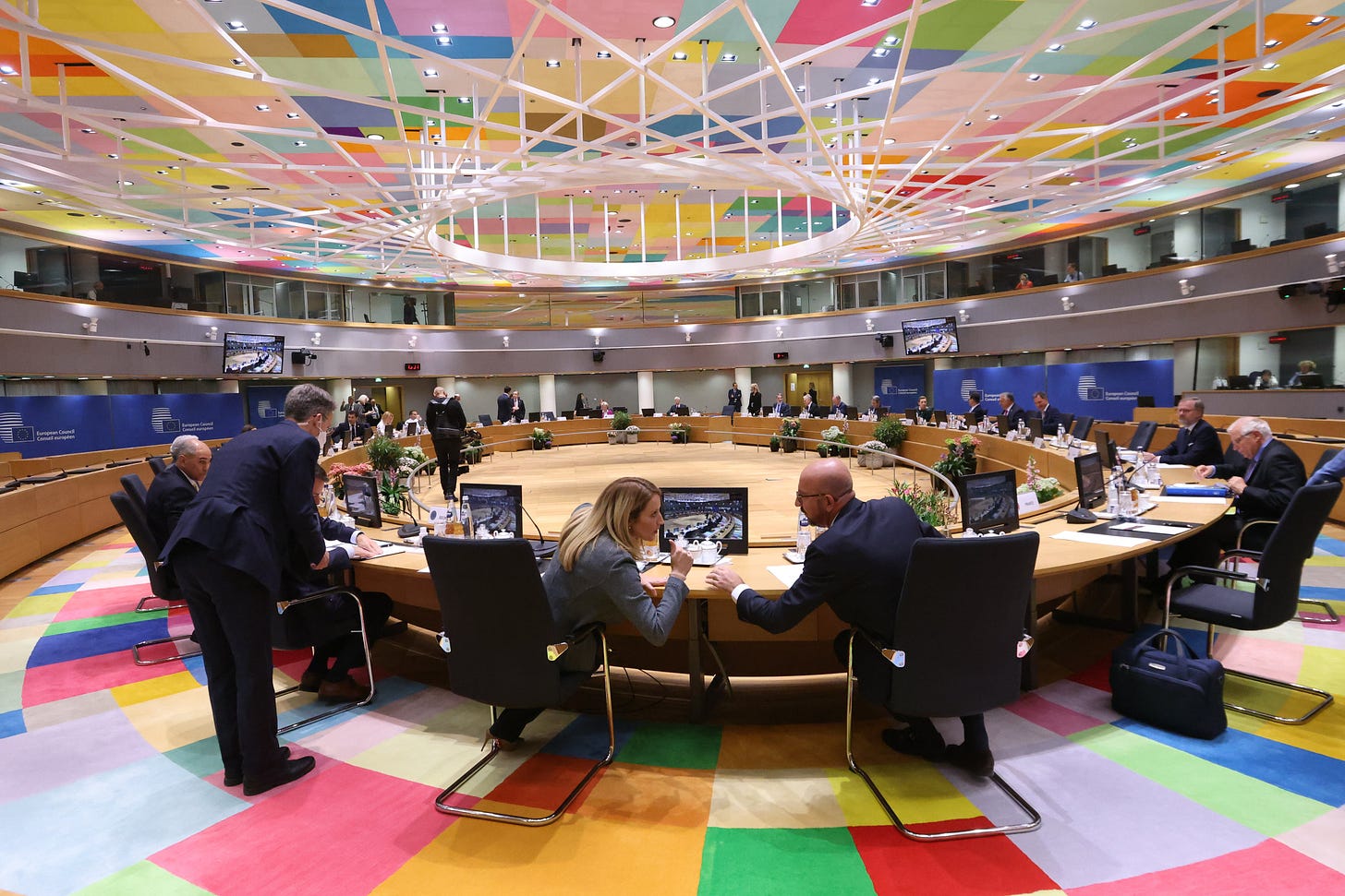 EU heads of states or government sitting around the roundtable at the special meeting of the European Council in Brussels.