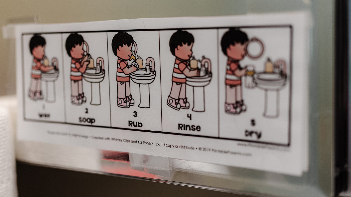 A 5-step cartoon social story of washing hands with a cartoon boy at a sink.