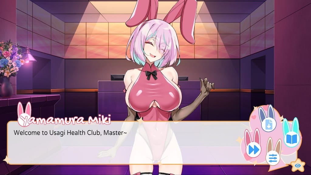 A silver-haired bunny girl welcomes the player to the Usagi Health Club