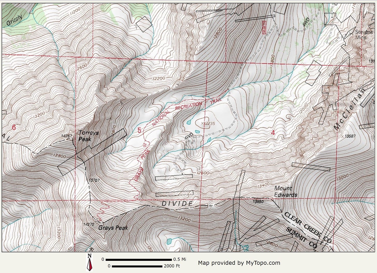 A topographical map of Grays and Torreys Peaks