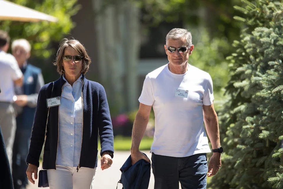 SUN VALLEY, ID - JULY 11: (L-R) Valerie McCarthy and Barry McCarthy, chief financial officer at Spotify, attend annual Allen & Company Sun Valley Conference, July 11, 2018 in Sun Valley, Idaho. Every July, some of the world&#39;s most wealthy and powerful businesspeople from the media, finance, technology and political spheres converge at the Sun Valley Resort for the exclusive week-long conference. (Photo by Drew Angerer/Getty Images)