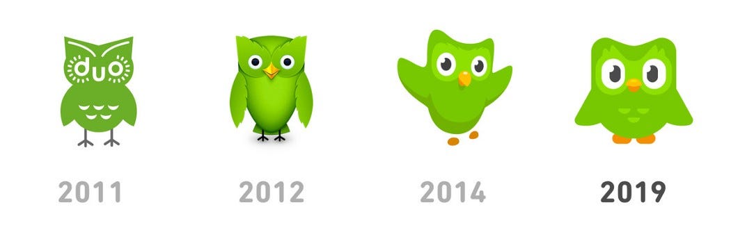 image showing how Duo, Duolingo’s mascot, has changed over the years. The designs become increasingly more gamified and anthropomorphic