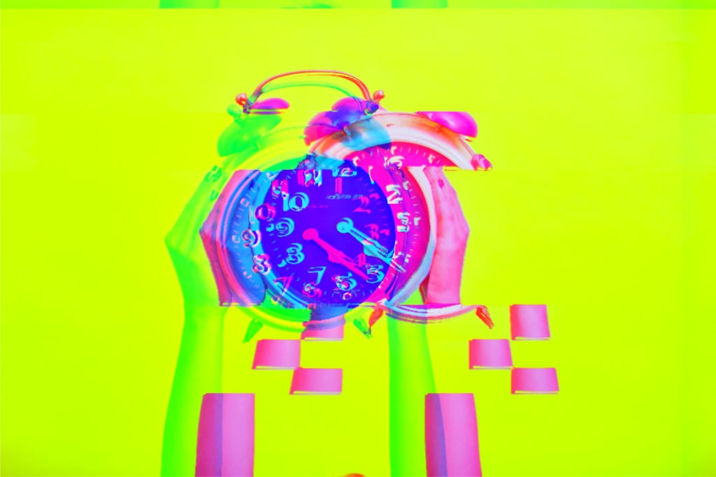 two hot pink hands holding up an analog clock on a bright green background, but the clock and hands are glitched out, trippy, and hard to read the numbers