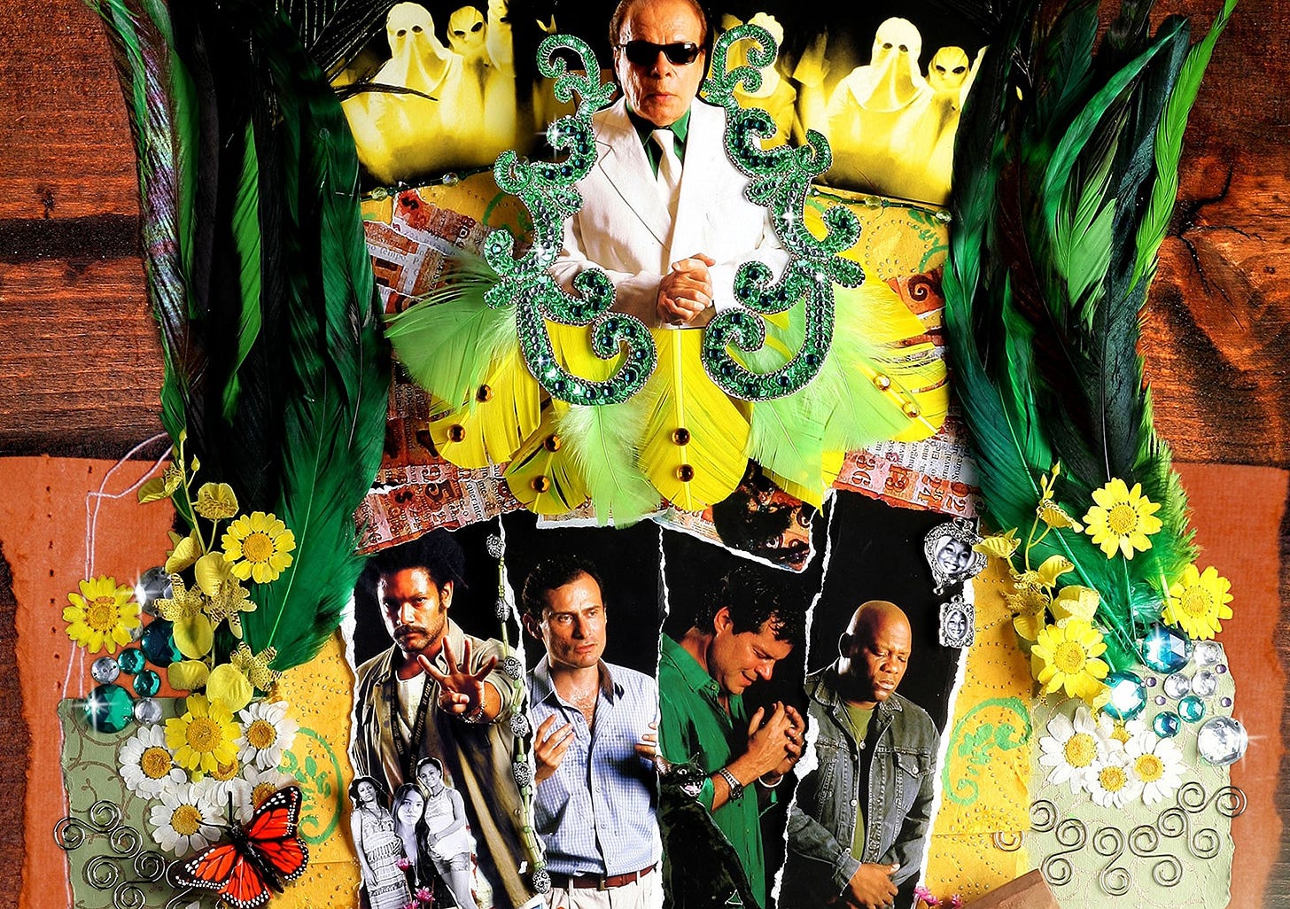 A poster for HBO's FILHOS DO CARNAVAL, featuring pictures of the characters arranged in an ensemble of feathers and flowers meant to resemble a carnival costume