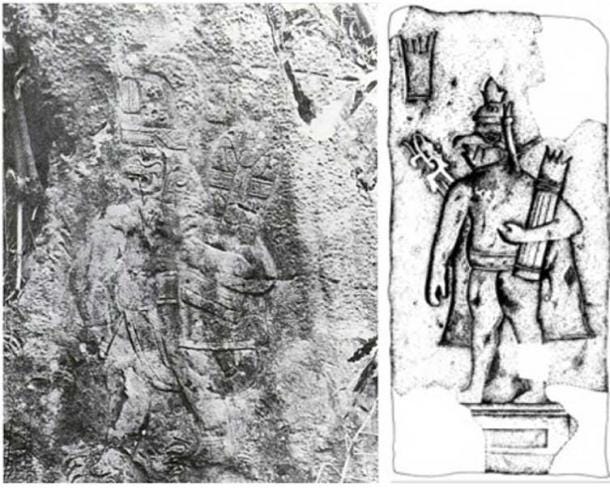 Left: Xoc Bas Relief from Chiapas. Right: Drawing of a human-bird figure from San Miguel Amuco