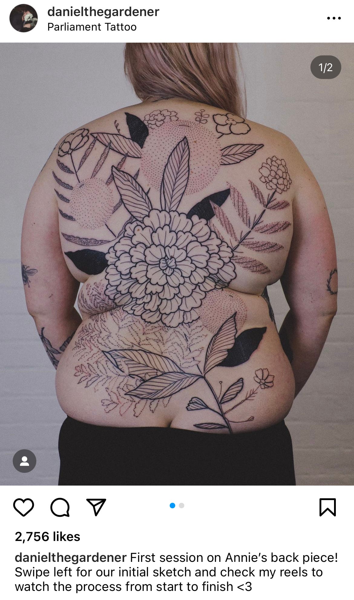 image description: the work of tattoo artist Daniel the Gardener, featuring a plus-sized white woman with a full back piece of botanical elements in black and grey.