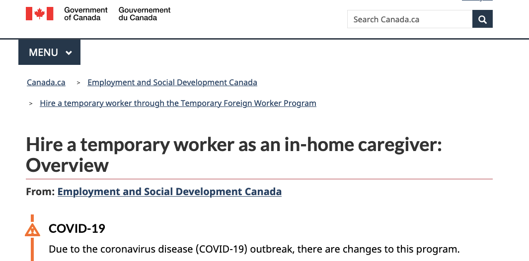 Screenshot of IRCC website showing "hire a temporary worker as an in-home caregiver" page