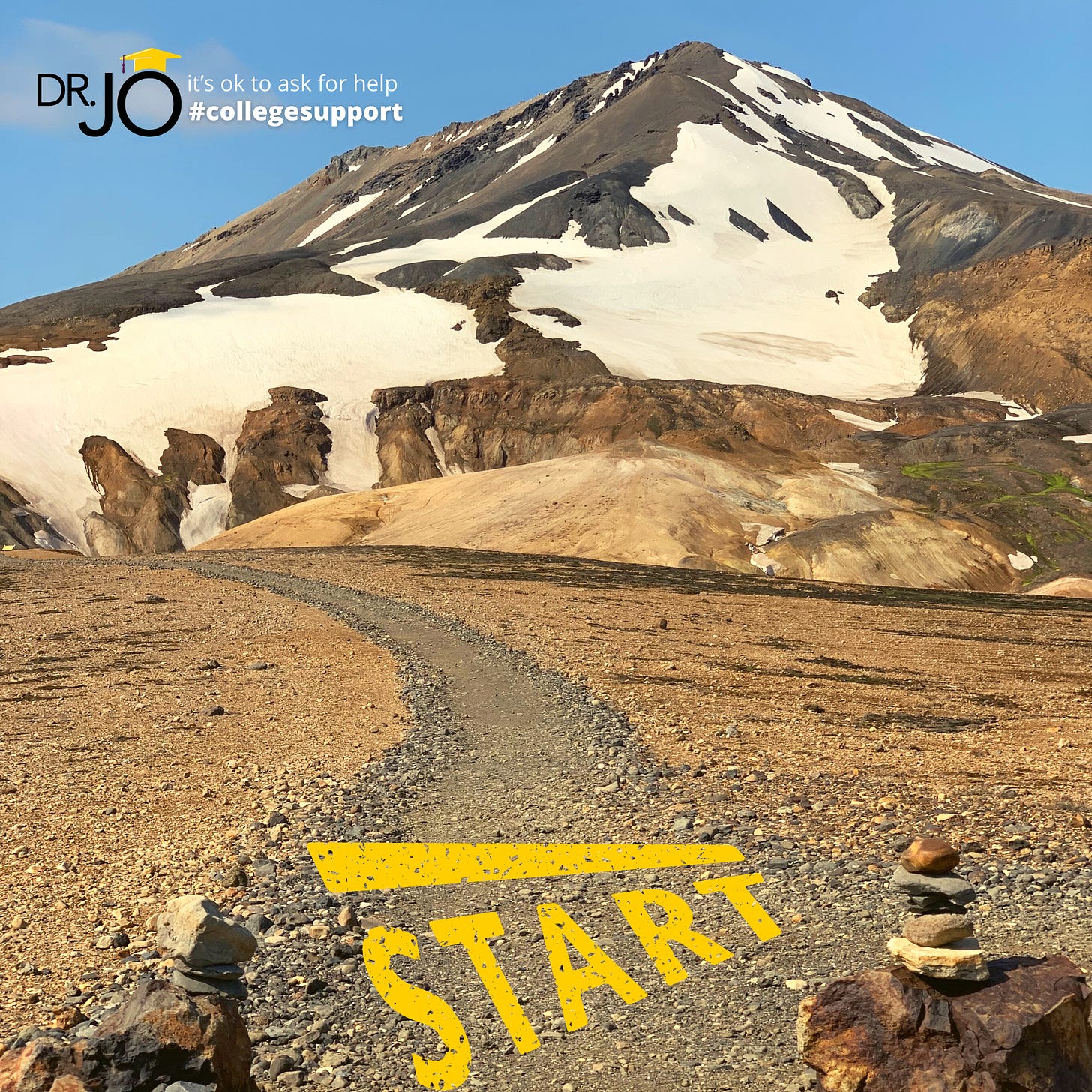 View of Landmannalaugar mountain range in Iceland. Overlayed text says, "Start."