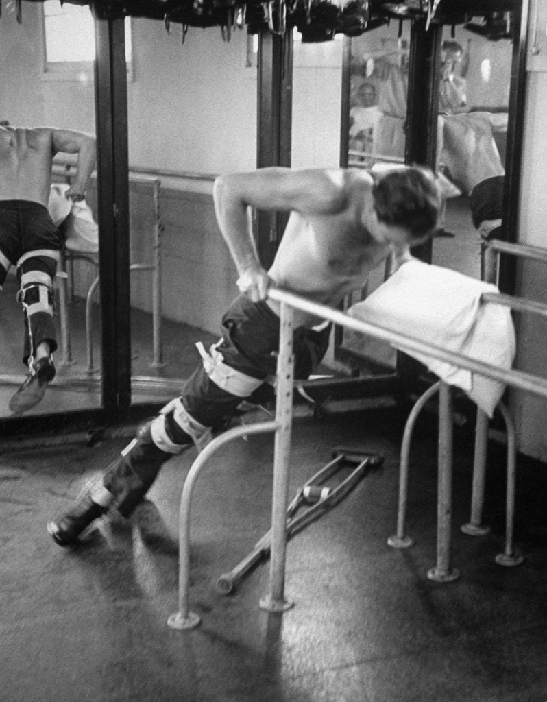 Marlon Brando while training for his role in The Men, at the Birmingham Veterans Administration Hospital, Van Nuys, Calif., 1949.