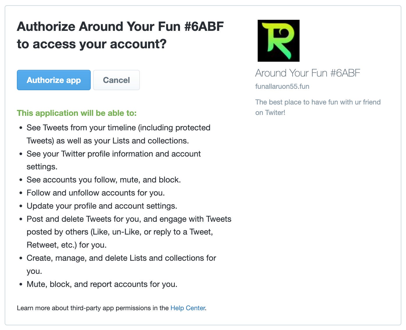 screenshot of the Twitter permissions Round Year Fun requests access to (basically, all of them)