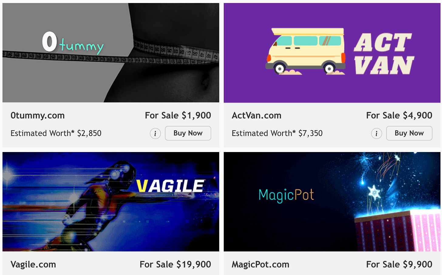 Four tiles of available domain names from Namers.com: 0tummy.com, ActVan.com, MagicPot.com and my personal favorite Vagile.com. Like… agile software development for your vagina I guess? 