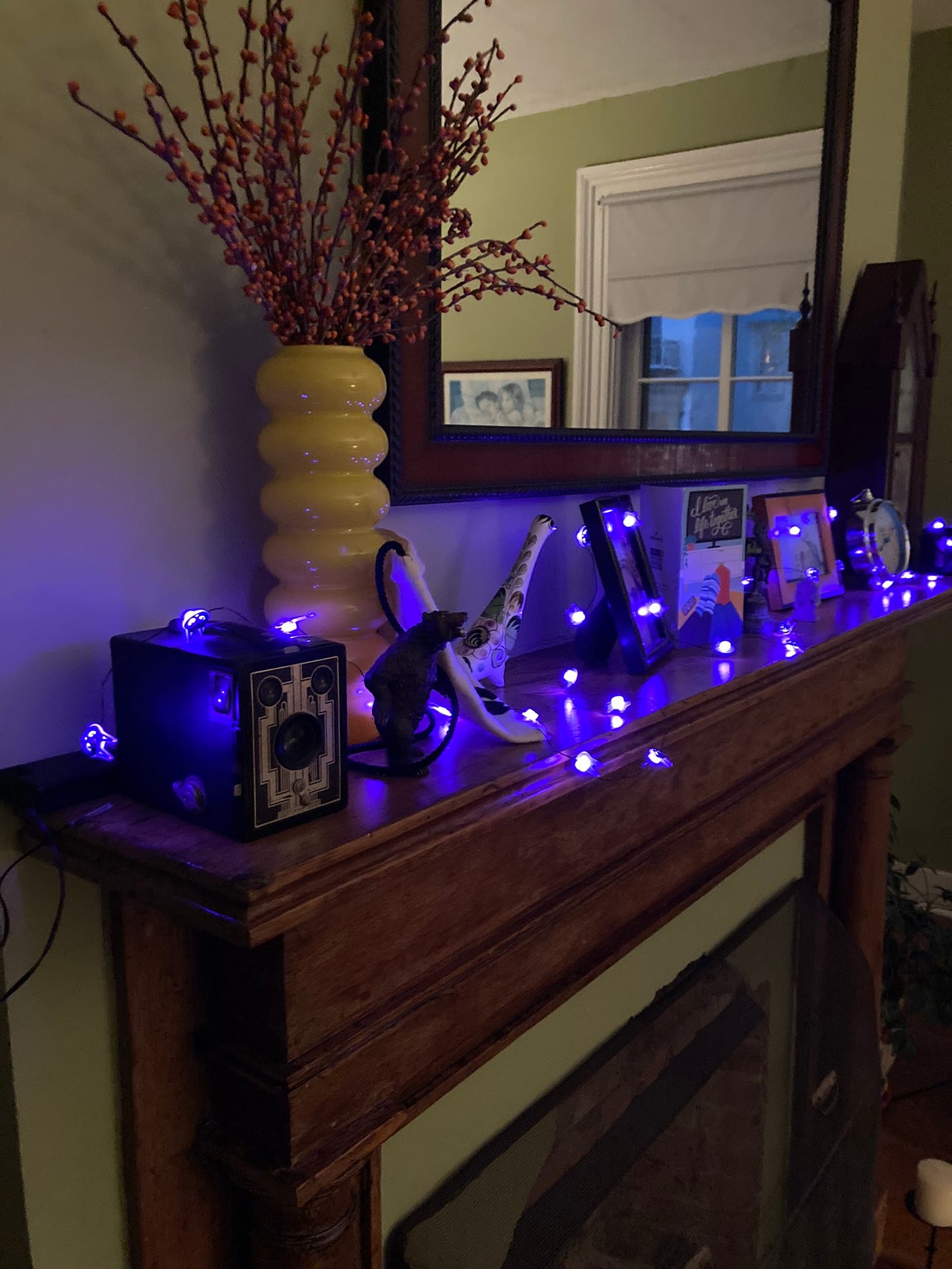 Image of Robyn's mantel with purple Halloween cat lights draped across it.