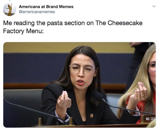 Screenshot of a funny tweet about about a photo of AOC and the Cheesecake Factory