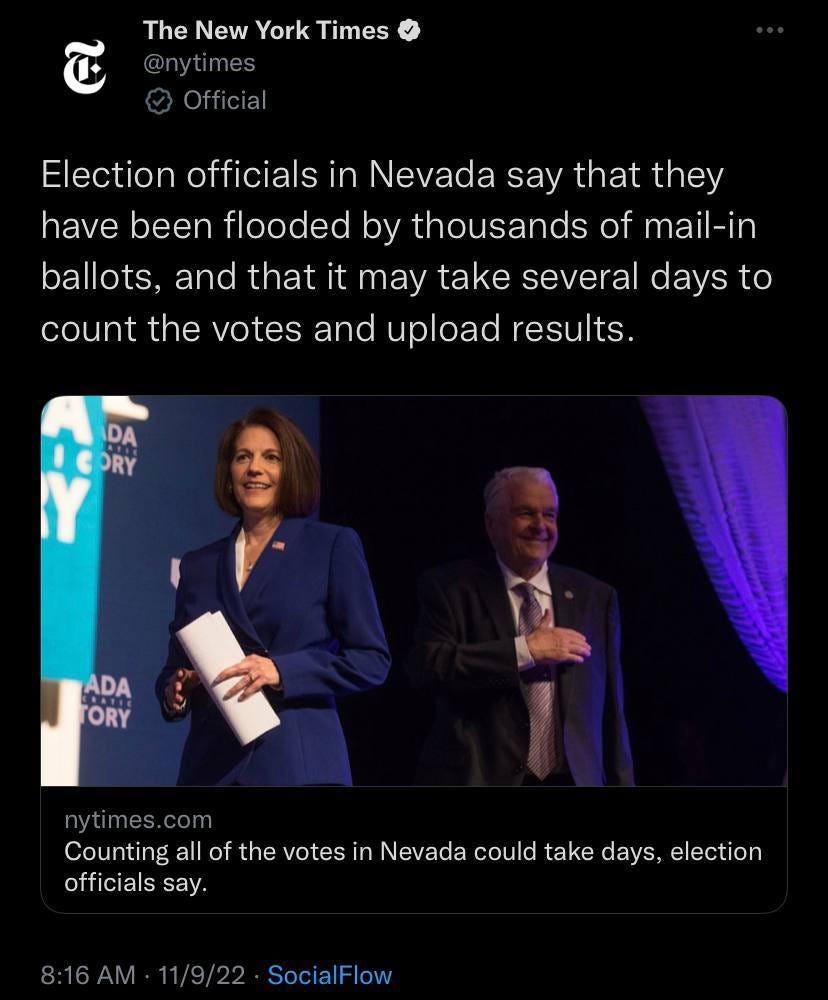May be an image of 2 people and text that says 'The New York Times @nytimes Election officials in Nevada say that they have been flooded by thousands of mail-in ballots, and that it may take several days to count the votes and upload results. DA ORY ADA ORY nytimes. Counting all of the votes in Nevada could take days, election officials say. 11/9/22 SocialFlow'