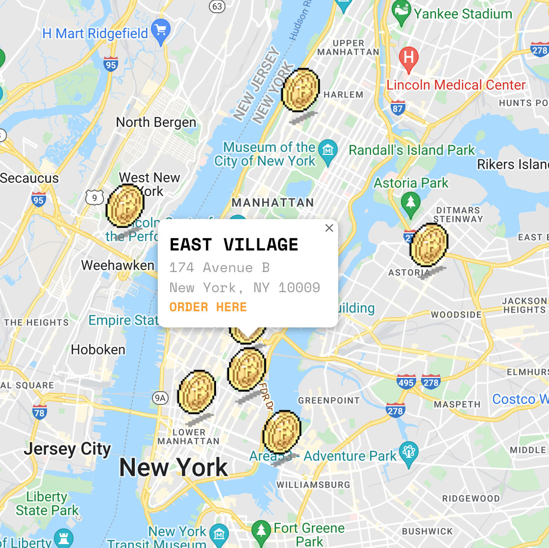 Google Map view of NYC, featuring overlays of Bitcoin Pizza locations