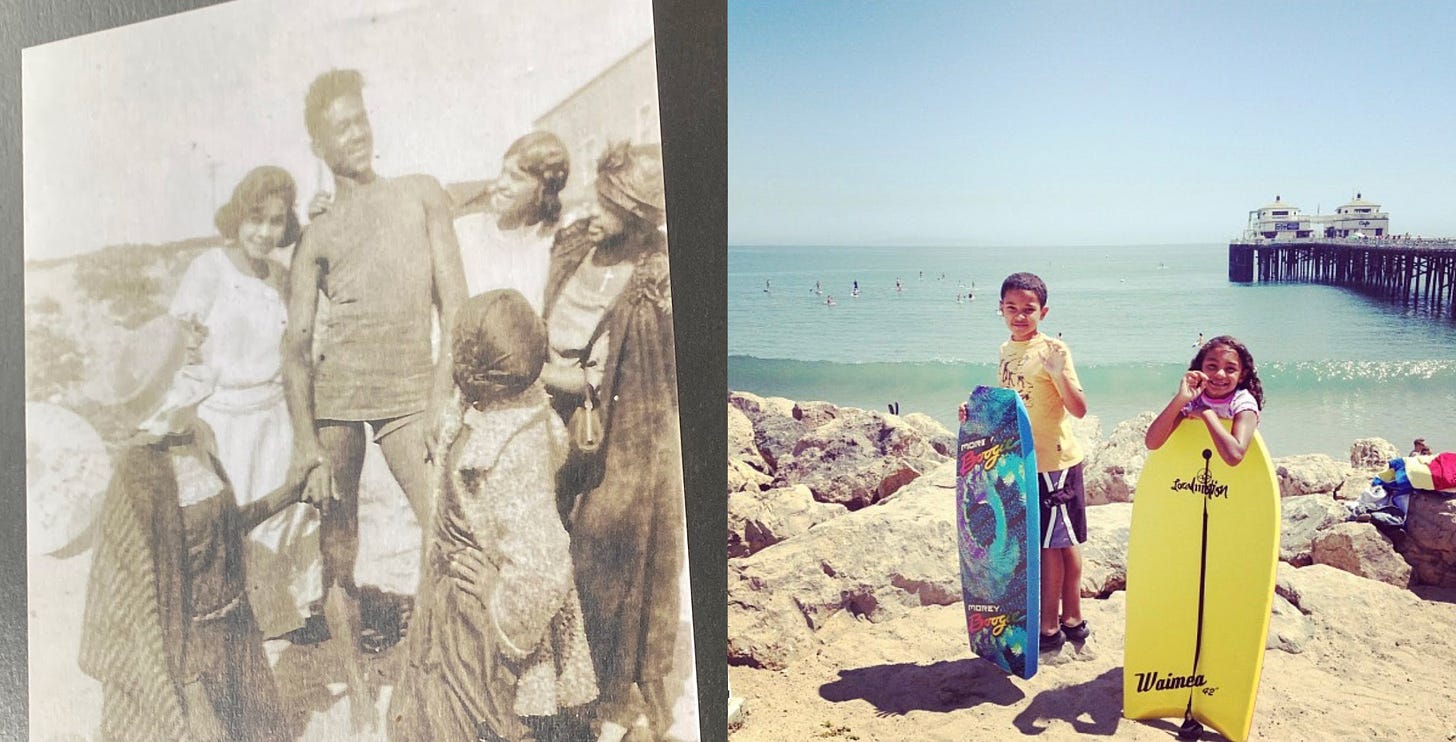 two photos of Kamal's family, one in black and white and one in color from her childhood