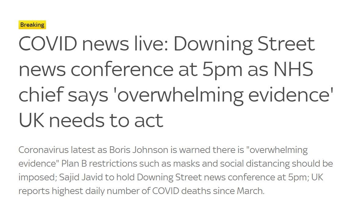 May be an image of text that says 'Breaking COVID news live: Downing Street news conference at 5pm as NHS chief says overwhelming evidence' UK needs to act Coronavirus latest as Boris Johnson is warned there is "overwhelming evidence" Plan B restrictions such as masks and social distancing should be imposed; Sajid Javid to hold Downing Street news conference at 5pm; UK reports highest daily number of COVID deaths since March.'