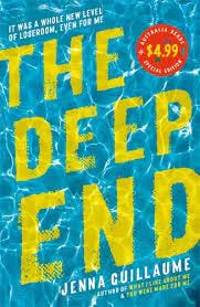 The cover of Jenna Guillaume's latest book, 'The Deep End'. It is bright blue with the title in yellow, looking like it has been printed on the bottom of a pool