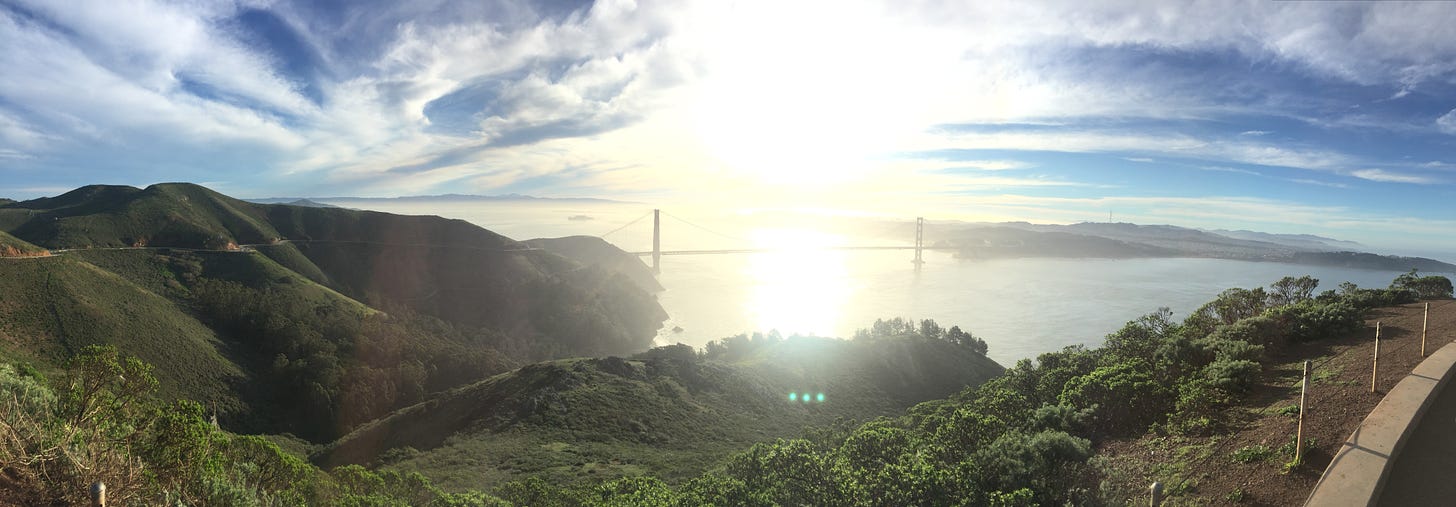 A panoramic photo by arod of the Golden Gate from the top of Hawk Hill, aka the Marin Headlands