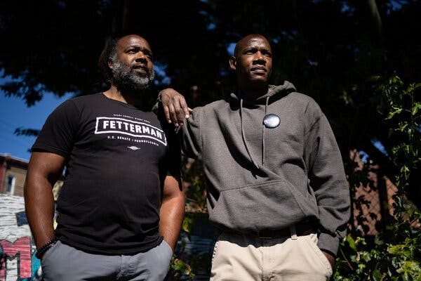 Lee Horton, left, and his brother Dennis Horton in Philadelphia on Friday. They are working on John Fetterman’s campaign for Senate.