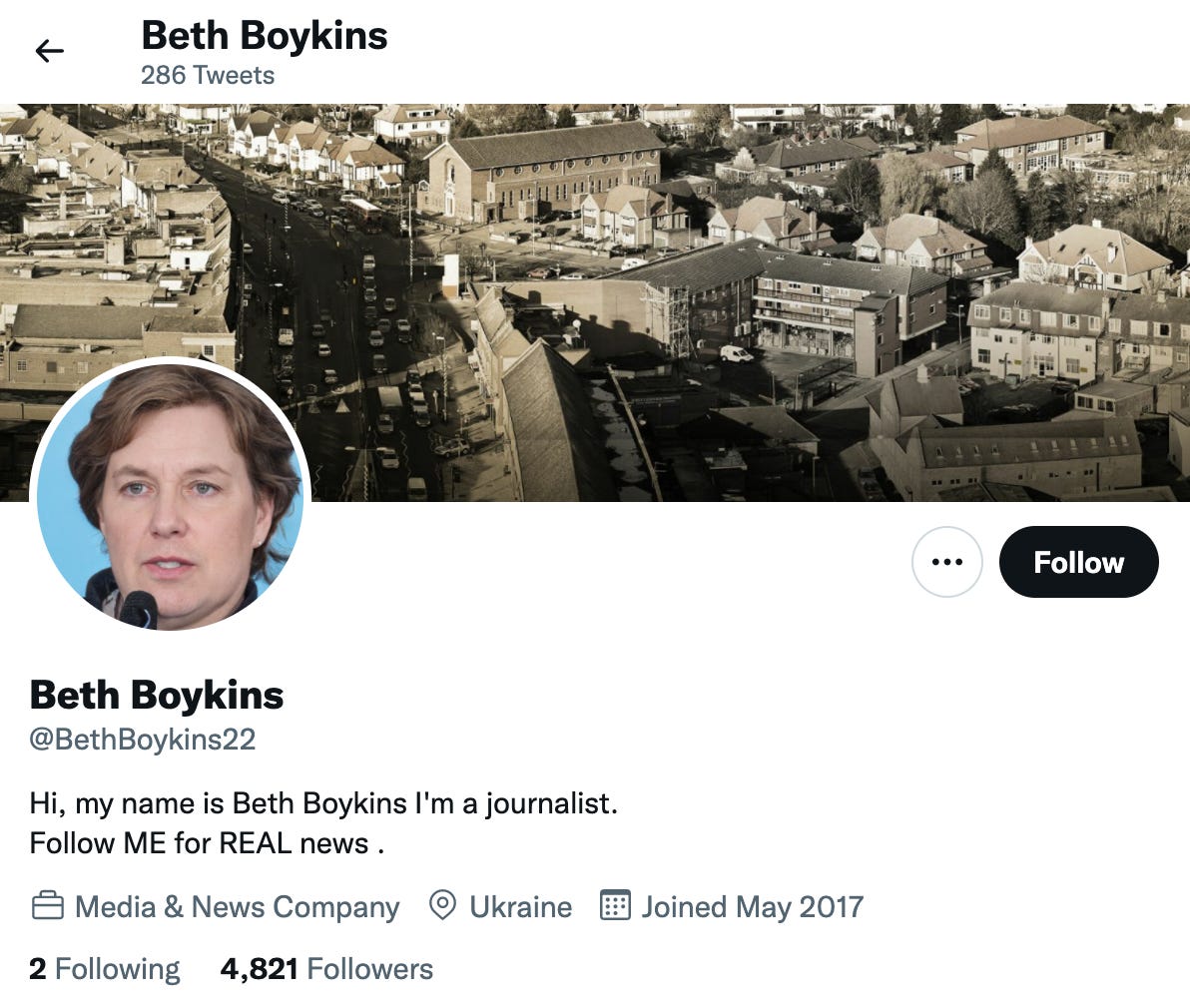 screenshot of the @BethBoykins22 Twitter account, allegedly journalist in Ukraine