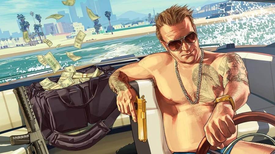 GTA Online artwork of a man in a speed boat with a bag of cash