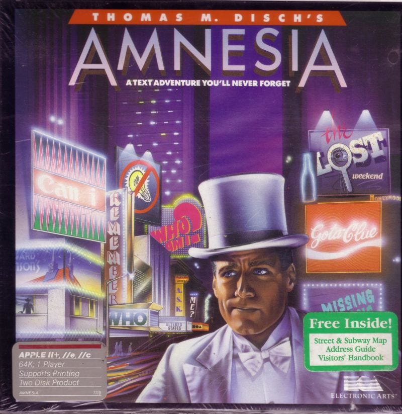 Cover art for "Amnesia" with the tagline "A text adventure you'll never forget," and art showing a confused-looking man in a white tuxedo amidst an overwhelming neon cityscape.