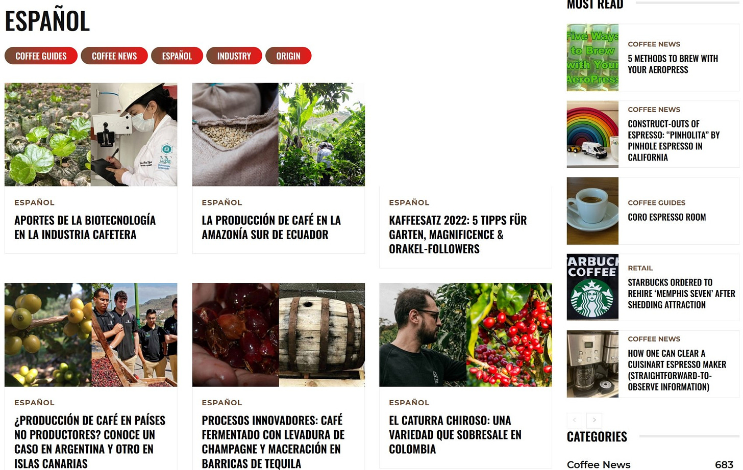 Screenshot of the Spanish section on Barista Speech’s website, including articles taken from Perfect Daily Grind (plus one in German??)