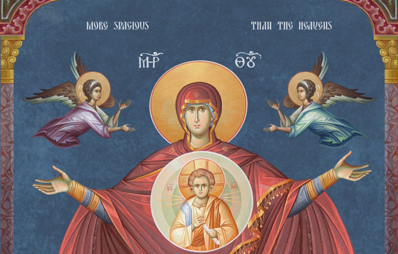 Icon Of The Theotokos "More Spacious Than The Heavens" (Platytera) 20th c.  fresco - (12M15) - Uncut Mountain Supply