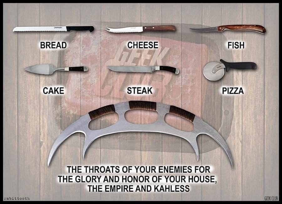 May be an image of text that says 'BREAD CHEESE 72E FISH CAKE STEAK PIZZA rabittooth THE THROATS OF YOUR ENEMIES FOR THE GLORY AND HONOR OF YOUR HOUSE, THE EMPIRE AND KAHLESS GEEK.CLUB'