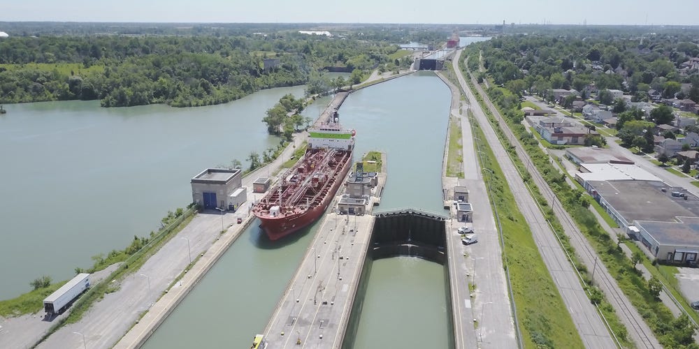 St. Lawrence Seaway lock with ship entering.