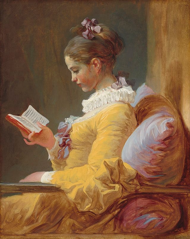 An image of a painting called the reader by Jean-Honore Fragonard, which Wikimedia Commons assures me is in the public domain