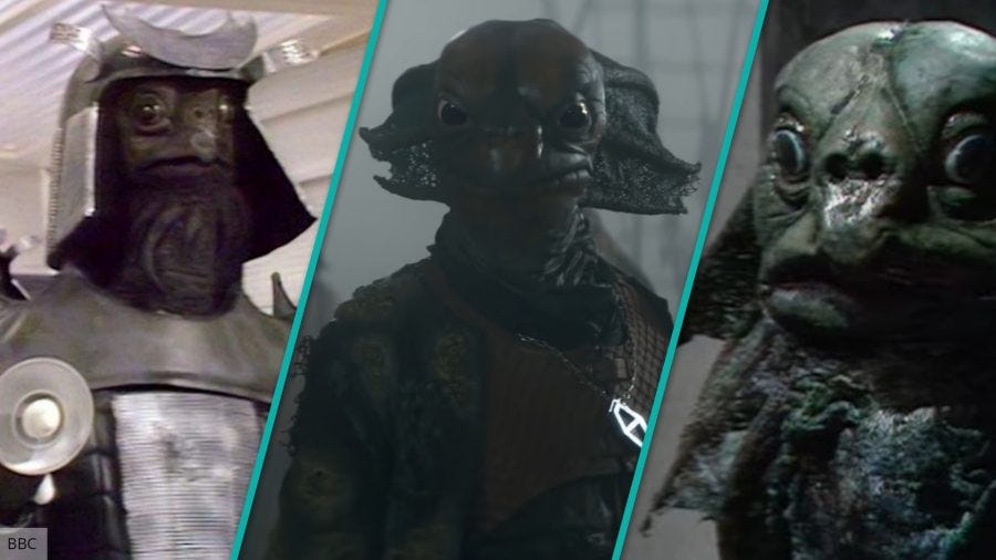 This triptych shows three different Sea Devil characters from three different Doctor Who stories. From left to right, a Sea Devil from 1984's Fifth Doctor serial Warriors of the Deep, the Chief Sea Devil from 2022's penultimate Thirteenth Doctor episode "Legend of the Sea Devils," and a Sea Devil from 1972's Third Doctor serial The Sea Devils. This triptych shows three different Sea Devil characters from three different Doctor Who stories. From left to right, a Sea Devil from 1984's Fifth Doctor serial Warriors of the Deep, the Chief Sea Devil from 2022's penultimate Thirteenth Doctor episode "Legend of the Sea Devils," and a Sea Devil from 1972's Third Doctor serial The Sea Devils.