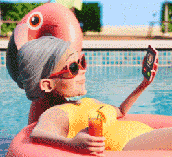 GIF: The Grandma from Merge Mansion tosses her phone in the pool and sips her drink while floating on a pink flamingo